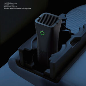 Mini Car Air Purifier True HEPA Filter Cleans Air, Eliminates Smoke & Odor Traveling sits in the seat of a car.