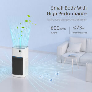 Small body with the Smart WiFi Home UV Air Purifier equipped with H13 HEPA & Carbon Filters, ensuring low noise while efficiently removing pollen, dust, odors, and smoke.