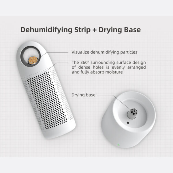 Small reusable dehumidifier for bookshelf and other small spaces, featuring unpowered deodorizing and powerful moisture absorption without the need for water disposal.