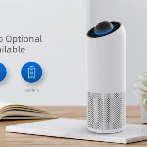 The Mini Car Air Purifier True HEPA Filter Cleans Air, Eliminates Smoke & Odor, Traveling, Home, Office (White) is placed on a table at home.