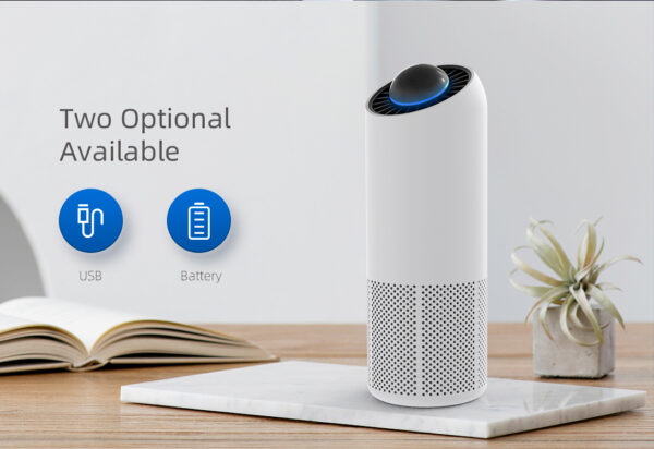 The Mini Car Air Purifier True HEPA Filter Cleans Air, Eliminates Smoke & Odor, Traveling, Home, Office (White) is placed on a table at home.