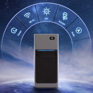 A smart WiFi home UV air purifier with H13 HEPA and carbon filters that effectively removes pollen, dust, odors, and smoke while operating silently.