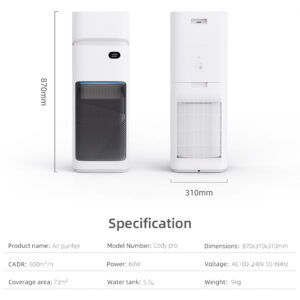 A diagram illustrating the features of a multifunctional device that combines a humidifier and air purifier with smart WiFi capability, equipped with H13 HEPA and carbon filters for removing pollen, dust,